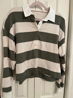 Aerie cotton Striped Rugby Polo Top in Olive & Cream medium